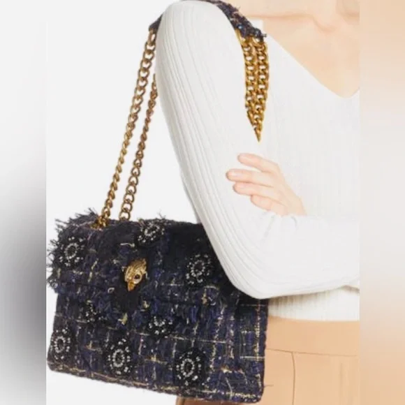 KURT GEIGER NAVY & BLACK EMBELLISHED with Gold Accent Tweed Handbag - Gold Chain - Picture 6 of 16